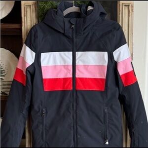 Bogner Blue and Pink Puffer Jacket with Hood and Color Block Design